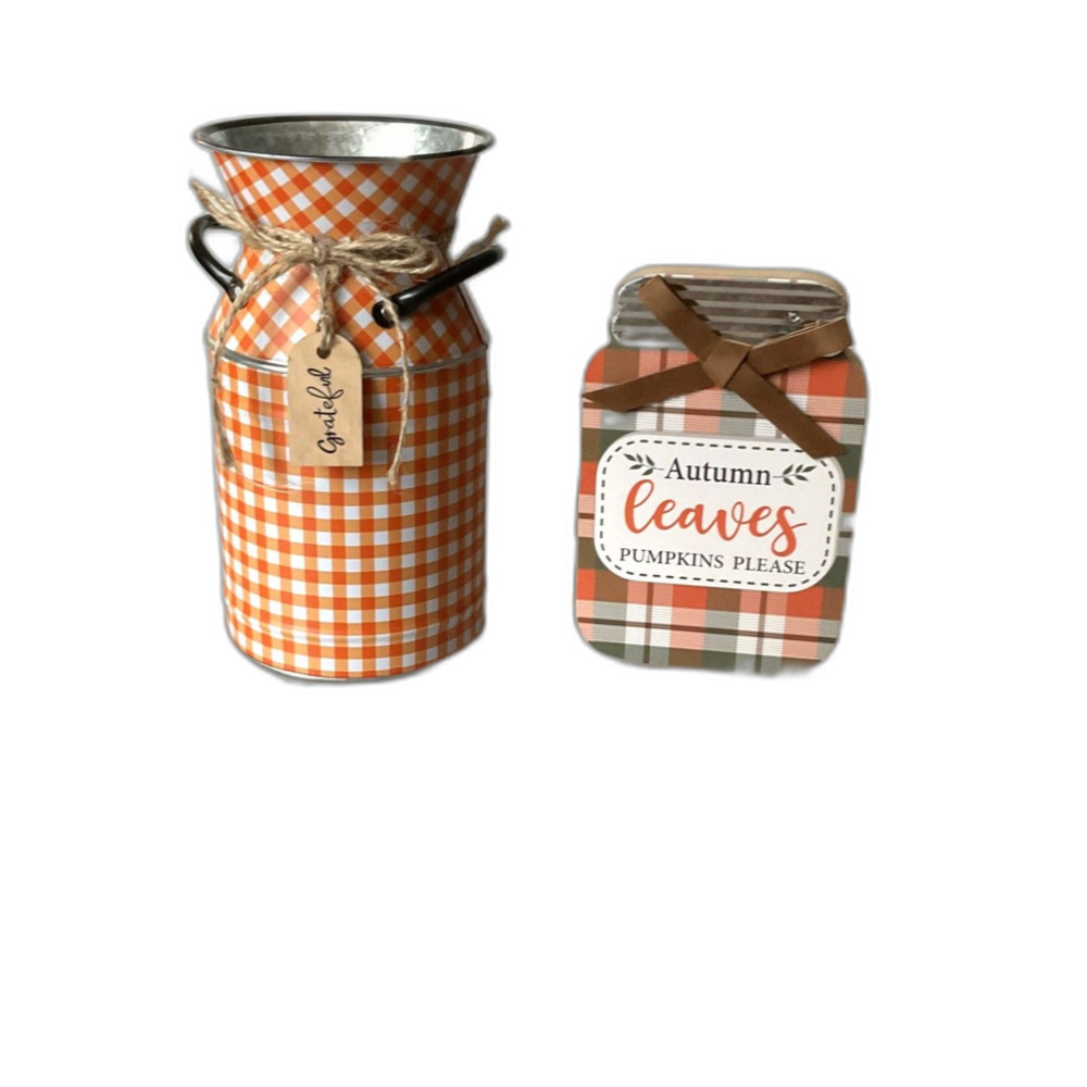 Grateful Metal Milk Jar & Autumn Leaves Plaid Mason Jar Harvest Décor Set